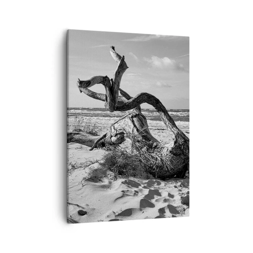 Bild auf Leinwand - Leinwandbild - Schwarz-weiße Landschaft mit einem toten Baum am Strand - 50x70cm - Meeresskulptur - Moderne Wanddekoration für Wohnzimmer und Schlafzimmer ARTTOR