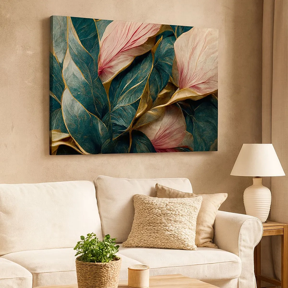 Bild auf Leinwand - Leinwandbild - Elegante Blätter in Grün, Gold und Pink - 70x50cm - Natürliche Eleganz und Stil - Moderne Wanddekoration für Wohnzimmer und Schlafzimmer ARTTOR