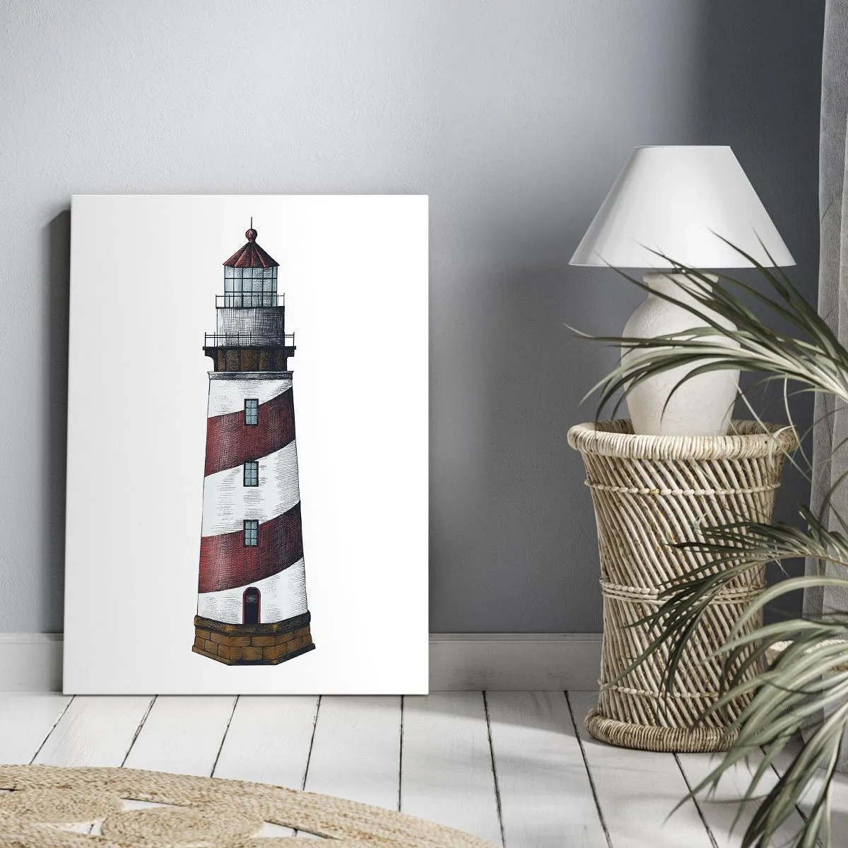 Bild auf Leinwand - Leinwandbild - Ein Cartoonbild eines Leuchtturms mit roten und weißen Streifen auf minimalistischem Hintergrund. - 80x120cm - Immer auf der Hut - Moderne Wanddekoration für Wohnzimmer und Schlafzimmer ARTTOR