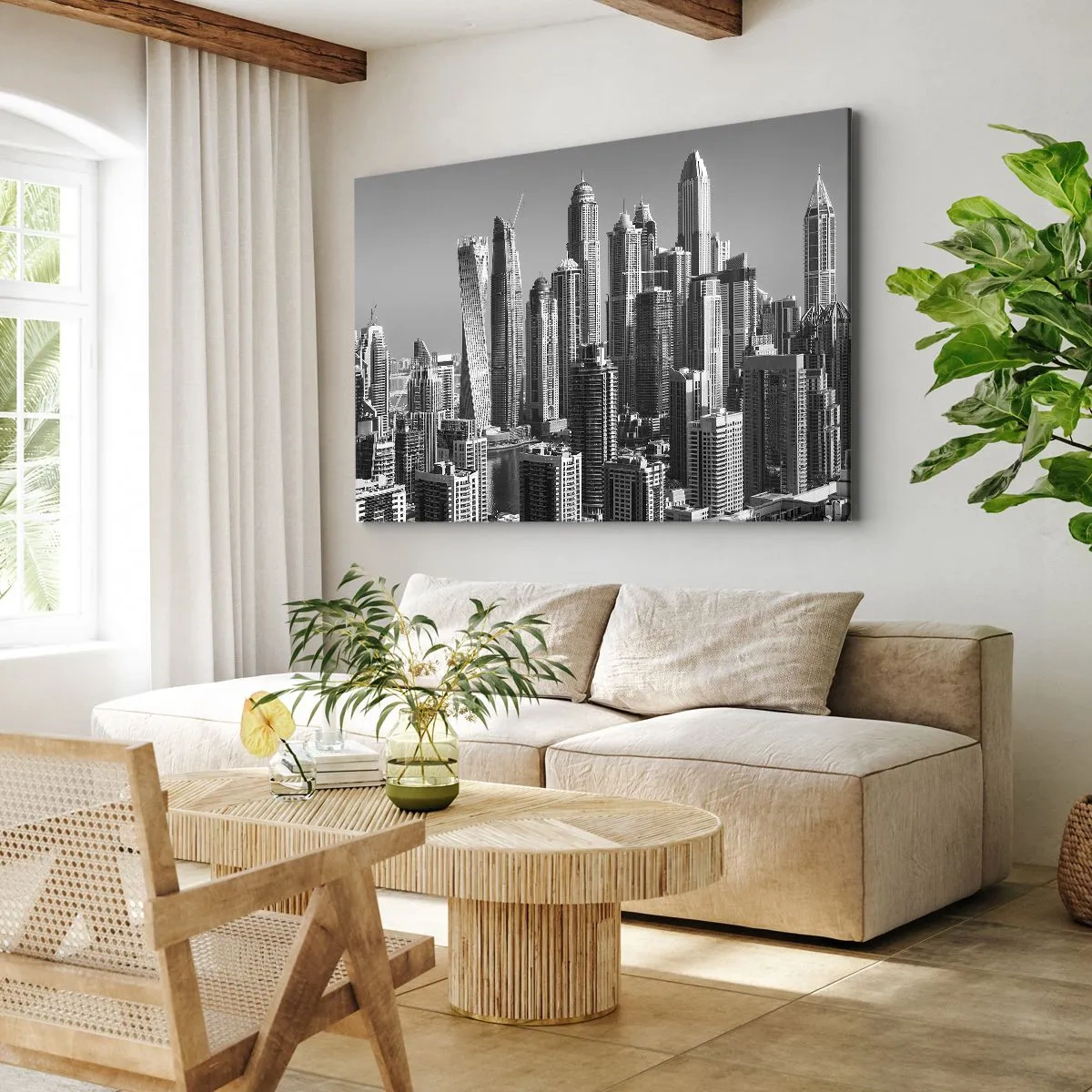 Bild auf Leinwand - Leinwandbild - Panorama moderner Wolkenkratzer in monochromen Tönen - 70x50cm - Stadt in der Wüste - Moderne Wanddekoration für Wohnzimmer und Schlafzimmer ARTTOR