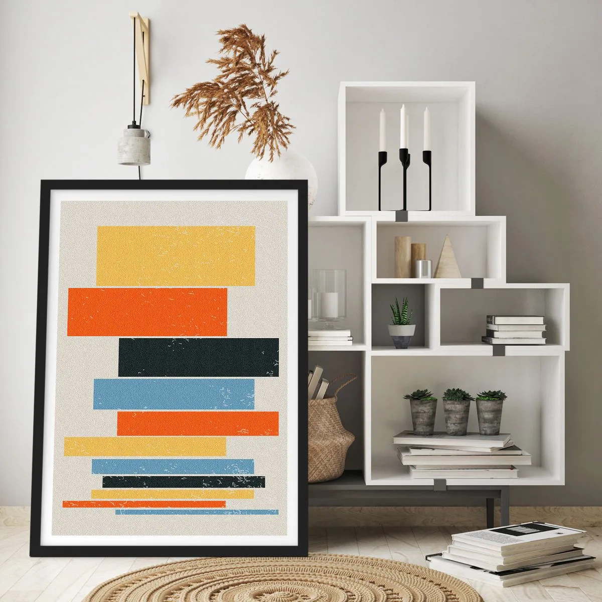 Poster in einem schwarzem Rahmen - Bunte geometrische Rechtecke auf hellem Hintergrund - 50x70cm - Musiknotation - Moderne Wanddekoration für Wohnzimmer und Schlafzimmer ARTTOR