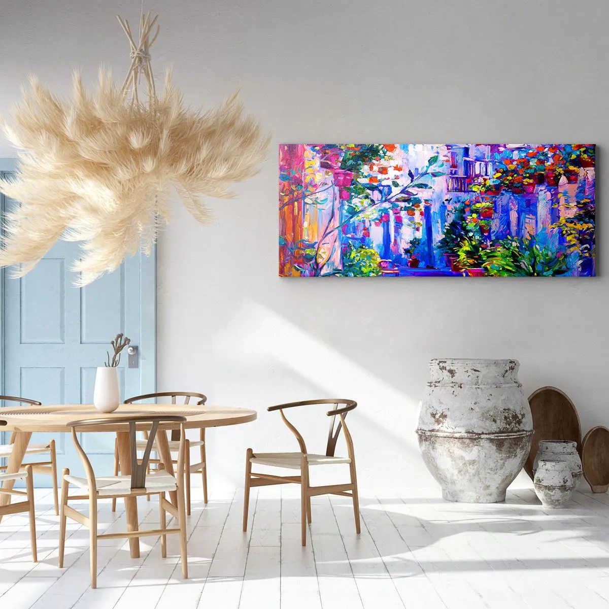 Bild auf Leinwand - Leinwandbild - Eine bunte Straße voller Blumen - 140x50cm - Impresja - eine italienische Straße - Moderne Wanddekoration für Wohnzimmer und Schlafzimmer ARTTOR
