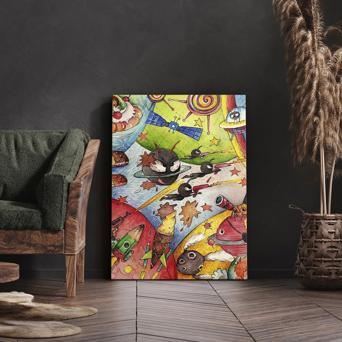 Bild auf Leinwand - Leinwandbild - Eine bunte Weltraumszene voller Kinder und Raumschiffe - 80x120cm - Tolles Weltraumabenteuer - Moderne Wanddekoration für Wohnzimmer und Schlafzimmer ARTTOR