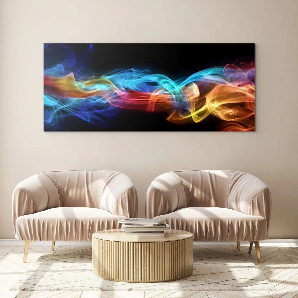Glasbild - Bild auf glas - Bunter Rauch auf schwarzem Hintergrund - 140x50cm - Regenbogentanz der Nebel - Moderne Wanddekoration für Wohnzimmer und Schlafzimmer ARTTOR