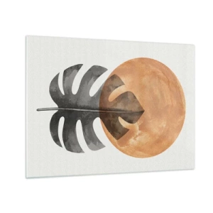 Glasbild - Bild auf glas - Monstera-Blatt und orangefarbener Kreis im Grafikstil auf weißem Hintergrund. - 70x50cm - Immer die Sonne - Moderne Wanddekoration für Wohnzimmer und Schlafzimmer ARTTOR