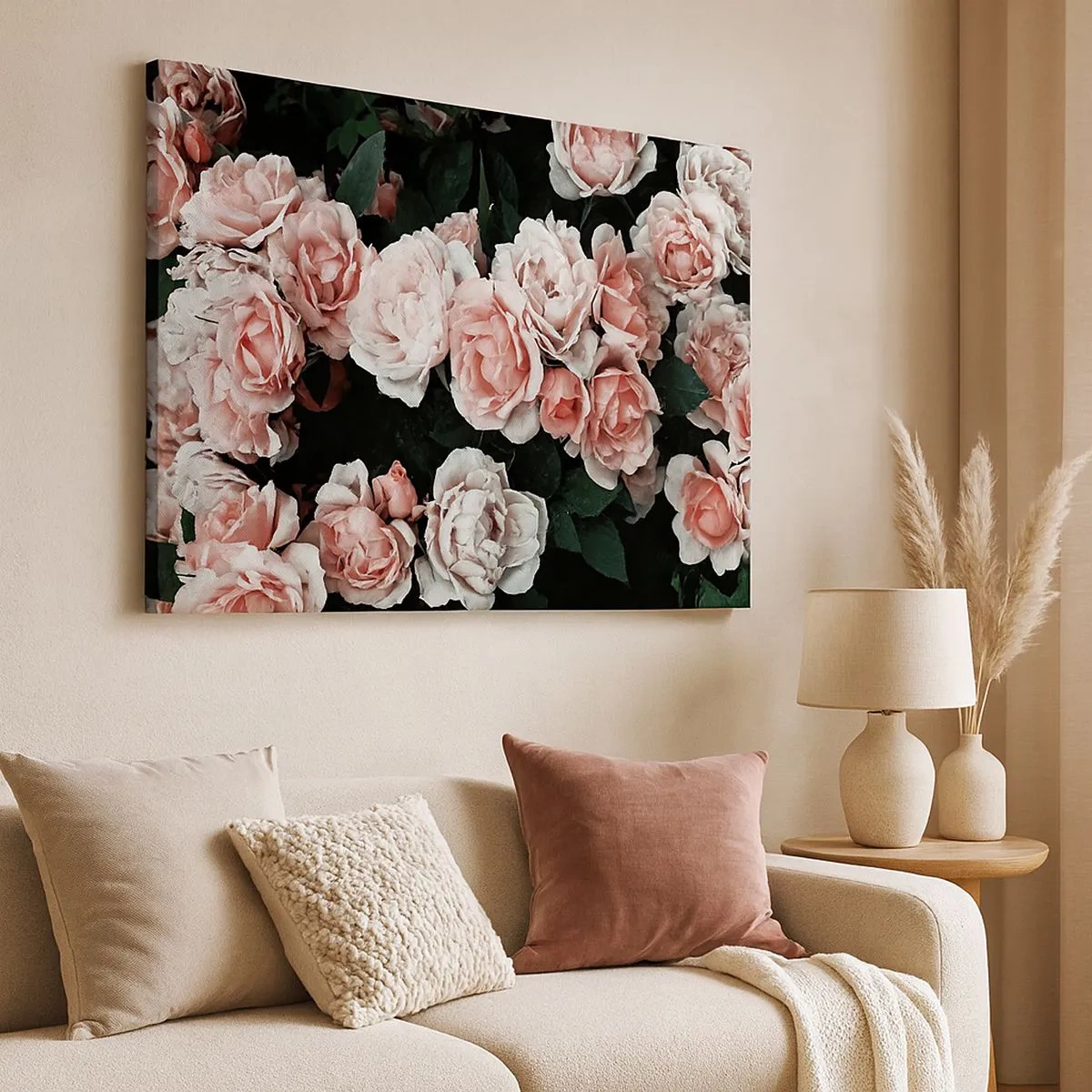 Bild auf Leinwand - Leinwandbild - Rosa Rosen auf dunklem Hintergrund in einer subtilen Komposition - 70x50cm - Rosen-Ensemble - Moderne Wanddekoration für Wohnzimmer und Schlafzimmer ARTTOR