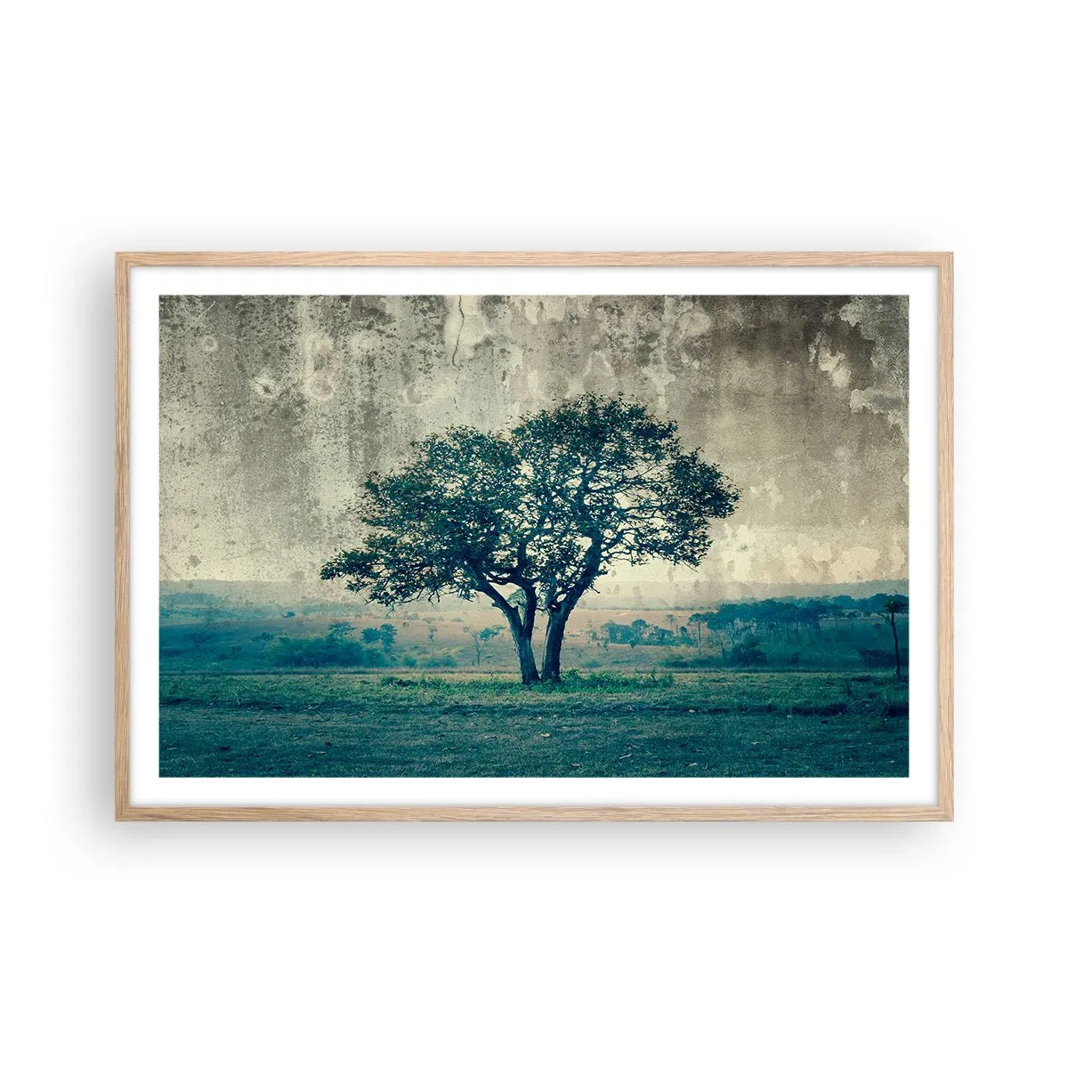 Poster in einem Rahmen aus heller Eiche - Ein Apfelbaum auf blauem Feld? - 91x61 cm