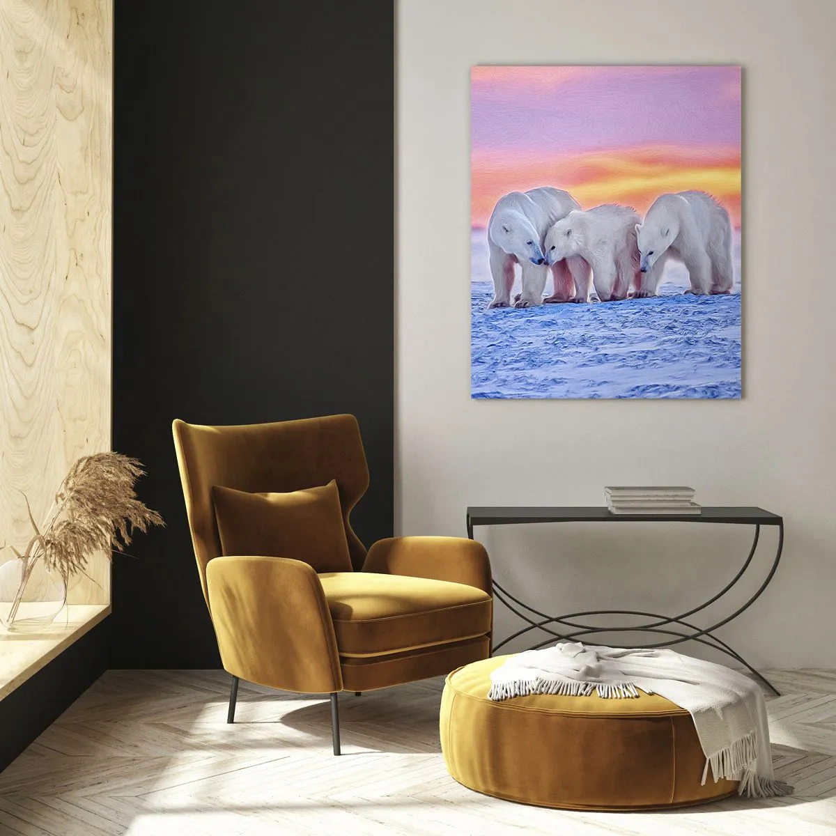 Glasbild - Bild auf glas - Drei Eisbären vor dem Hintergrund eines arktischen Sonnenuntergangs - 70x100cm - Familienwärme ist genug - Moderne Wanddekoration für Wohnzimmer und Schlafzimmer ARTTOR