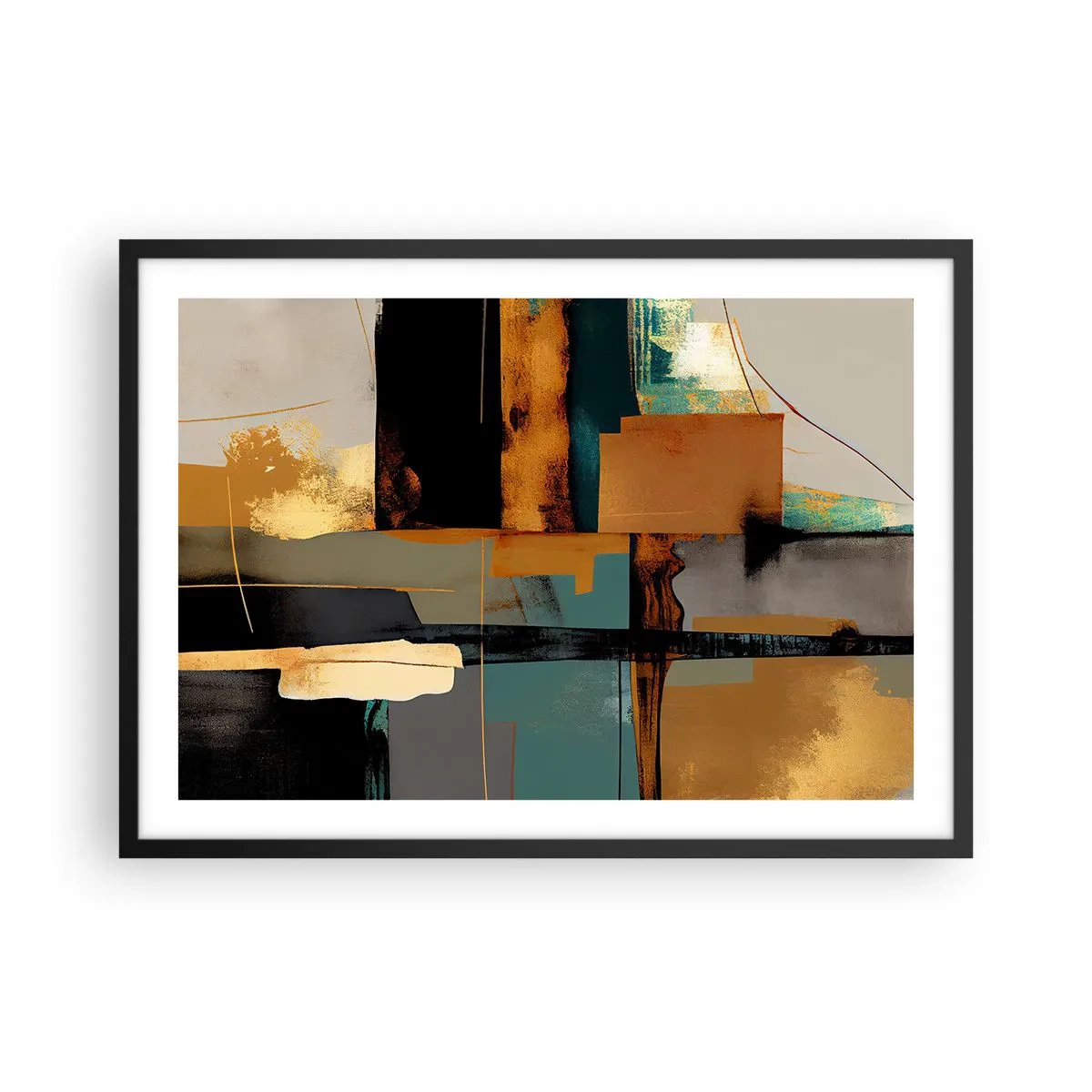 Poster in einem schwarzem Rahmen - Abstrakte Komposition mit goldenen und türkisfarbenen Elementen - 70x50cm - Abstraktion – Licht und Schatten - Moderne Wanddekoration für Wohnzimmer und Schlafzimmer ARTTOR