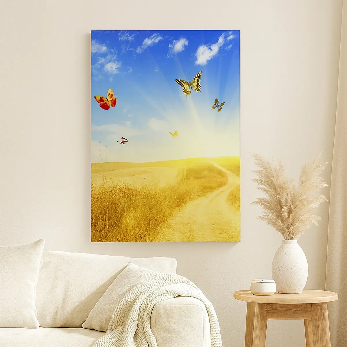 Bild auf Leinwand - Leinwandbild - Ein goldenes Feld, ein Pfad und Schmetterlinge vor einem blauen Himmel - 50x70cm - Und wie kann man den Sommer nicht lieben? - Moderne Wanddekoration für Wohnzimmer und Schlafzimmer ARTTOR