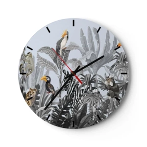 Wanduhr - Glasuhr - Tropische Pflanzen mit exotischen Tieren vor einem Dschungelhintergrund - 30x30cm - Afrikanisches Märchen - Moderne Wanddekoration für Wohnzimmer, Küche und Schlafzimmer ARTTOR