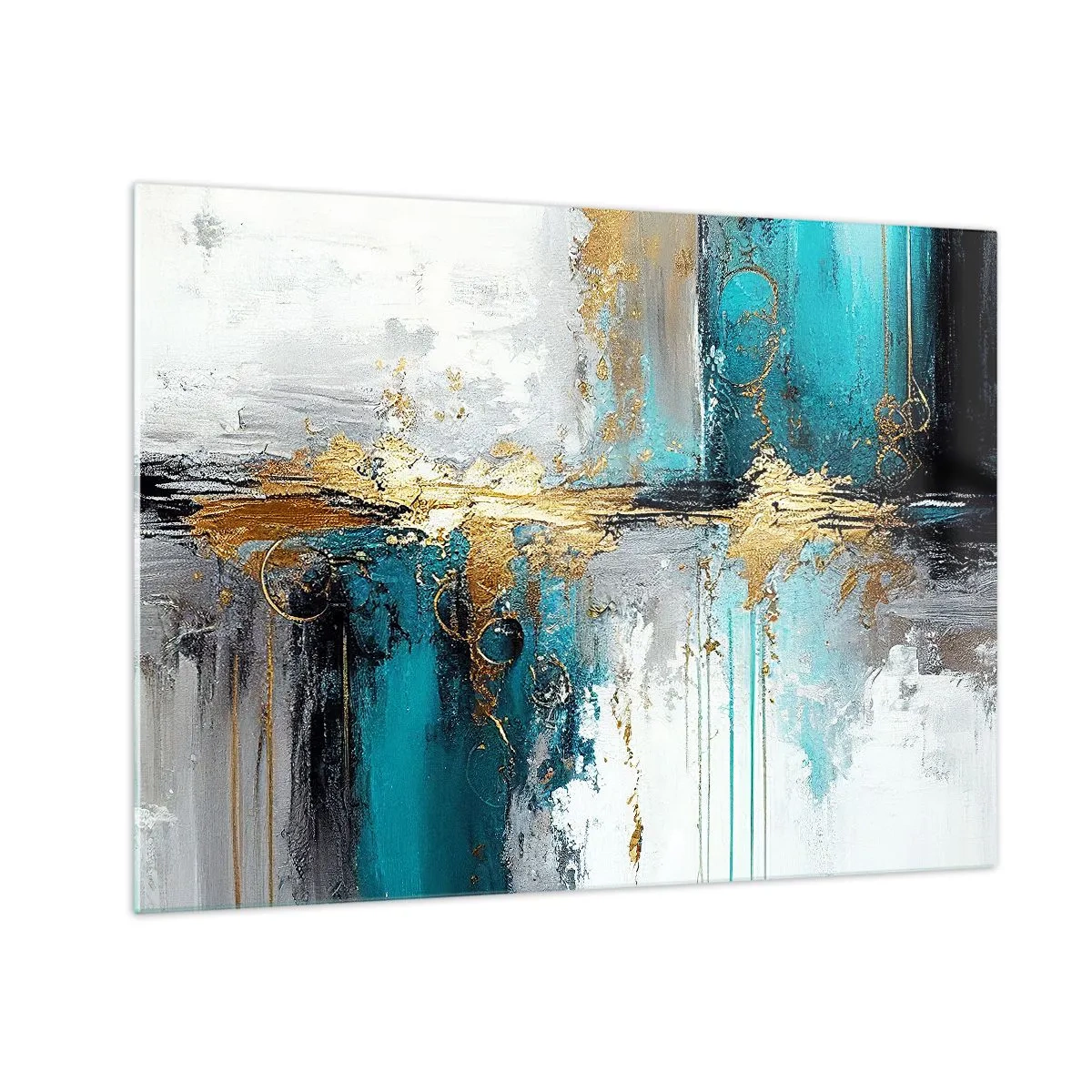 Glasbild - Bild auf glas - Abstraktion mit Türkis und Gold auf weißem Hintergrund - 70x50cm - Alles fließt - Moderne Wanddekoration für Wohnzimmer und Schlafzimmer ARTTOR