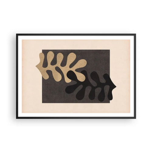 Poster in einem schwarzem Rahmen - Abstrakte Blätter in Schwarz und Beige auf rechteckigem Hintergrund - 100x70cm - Abwesenheit und Ergänzung - Moderne Wanddekoration für Wohnzimmer und Schlafzimmer ARTTOR