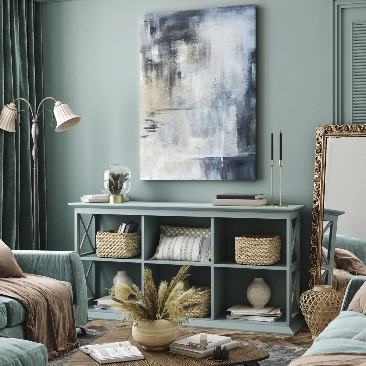 Bild auf Leinwand - Leinwandbild - Hinter dem blauen Vorhang - 55x100 cm