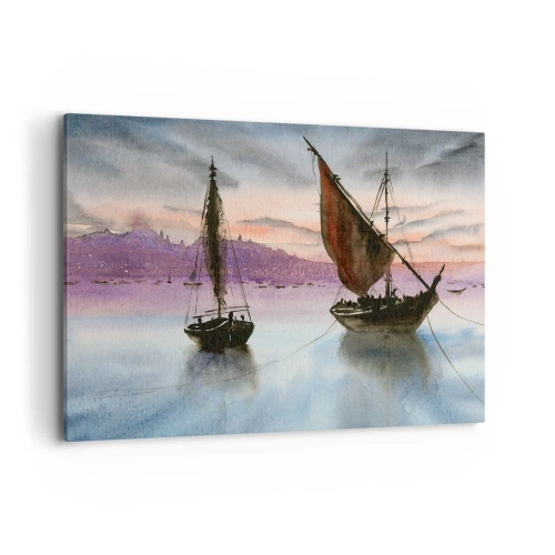 Bild auf Leinwand - Leinwandbild - Zwei Segelschiffe liegen in der Abenddämmerung auf ruhigem Wasser vor Anker - 100x70cm - Abend am Hafen - Moderne Wanddekoration für Wohnzimmer und Schlafzimmer ARTTOR
