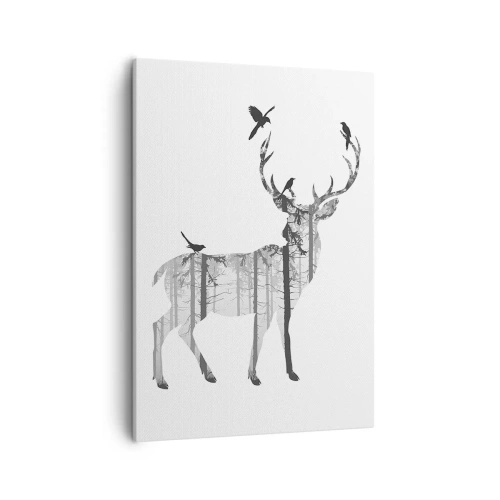 Bild auf Leinwand - Leinwandbild - Silhouette eines Hirsches mit Wald und Vögeln - 50x70cm - Guter Waldgeist - Moderne Wanddekoration für Wohnzimmer und Schlafzimmer ARTTOR