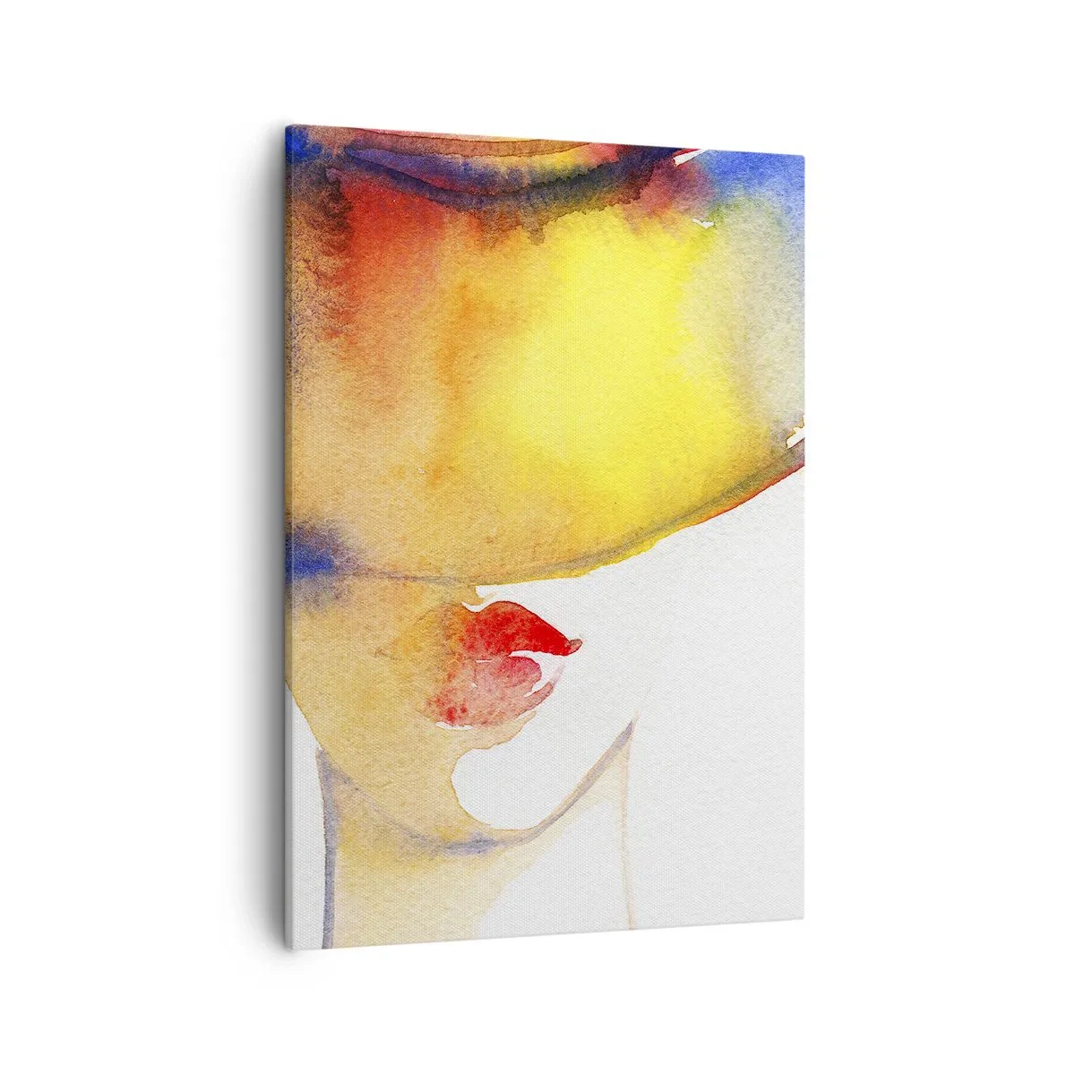 Bild auf Leinwand - Leinwandbild - Ein minimalistisches Aquarellgemälde des Profils einer Frau mit einem bunten Hut. - 50x70cm - Bildnis einer Dame - Moderne Wanddekoration für Wohnzimmer und Schlafzimmer ARTTOR