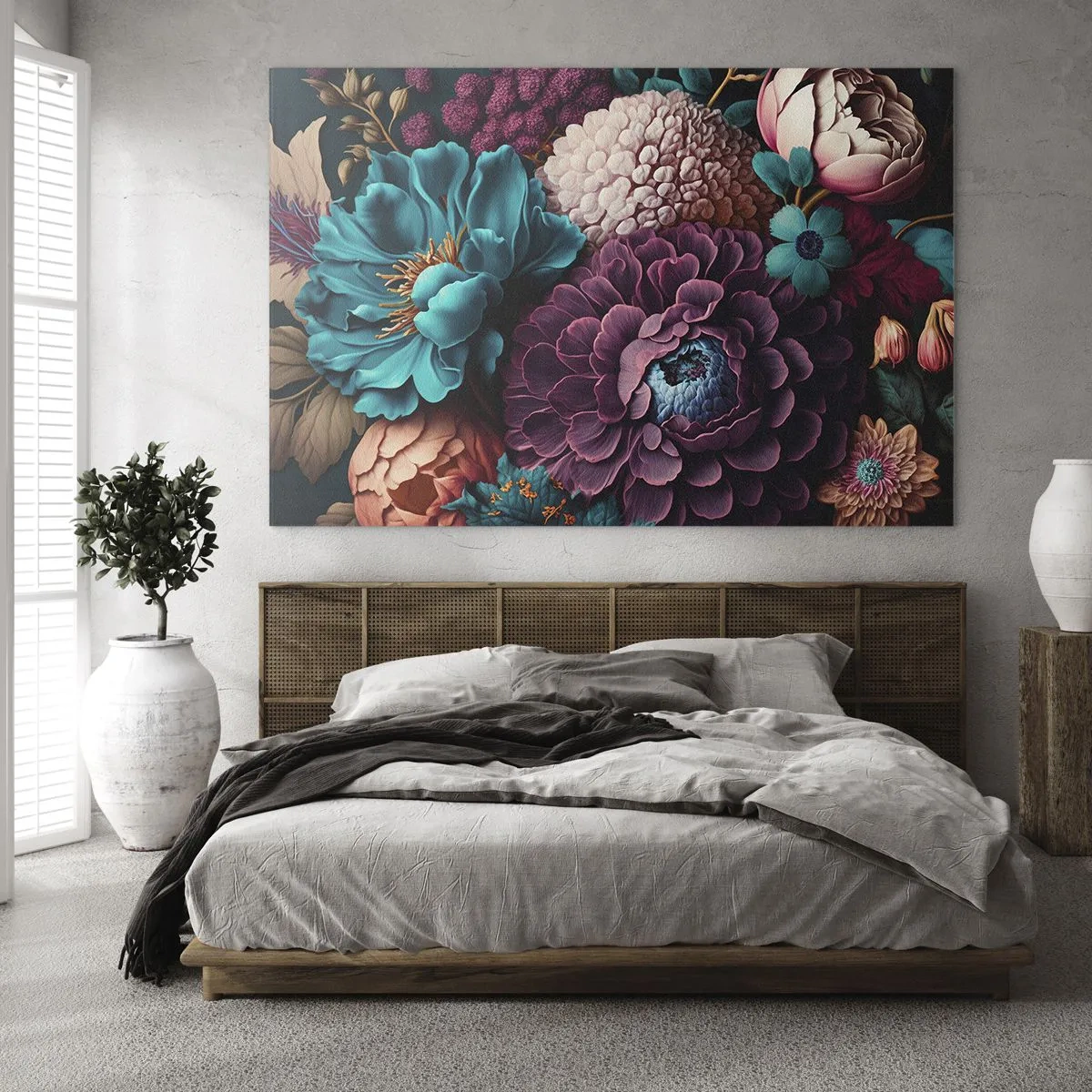 Glasbild - Bild auf glas - Eine reiche Komposition aus Blumen in intensiven Farben - 70x50cm - Natur in Hülle und Fülle - Moderne Wanddekoration für Wohnzimmer und Schlafzimmer ARTTOR
