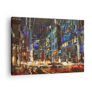 Bild auf Leinwand - Leinwandbild - Stadtnachtszene mit Neonlichtern - 70x50cm - Abendlicher Straßentrubel - Moderne Wanddekoration für Wohnzimmer und Schlafzimmer ARTTOR