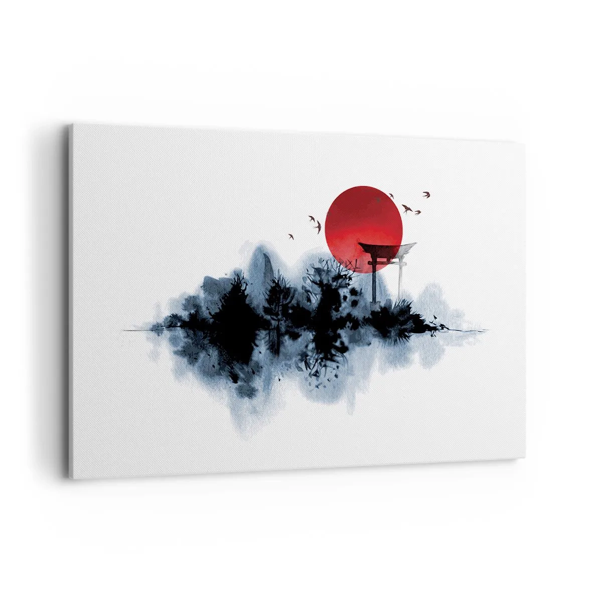 Bild auf Leinwand - Leinwandbild - Rote Sonne über einer malerischen Landschaft mit Torii - 120x80cm - Japanische Sicht - Moderne Wanddekoration für Wohnzimmer und Schlafzimmer ARTTOR