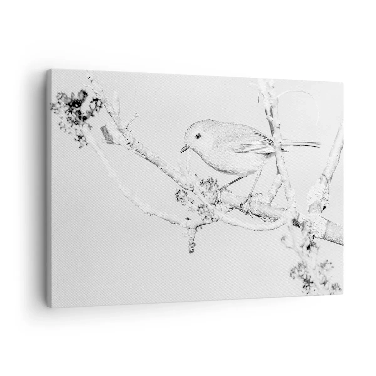 Bild auf Leinwand - Leinwandbild - Vogel auf einem Ast in Schwarz-Weiß im minimalistischen Stil - 70x50cm - Wintermorgen - Moderne Wanddekoration für Wohnzimmer und Schlafzimmer ARTTOR