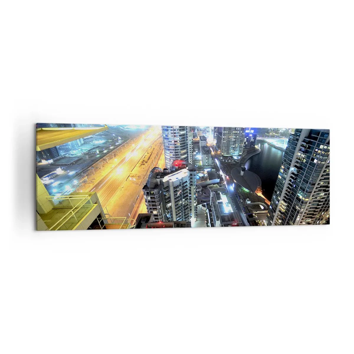 Bild auf Leinwand - Leinwandbild - Panorama der nächtlichen Stadt mit beleuchteten Wolkenkratzern - 160x50cm - Ein Wunder in der Wüste - Moderne Wanddekoration für Wohnzimmer und Schlafzimmer ARTTOR