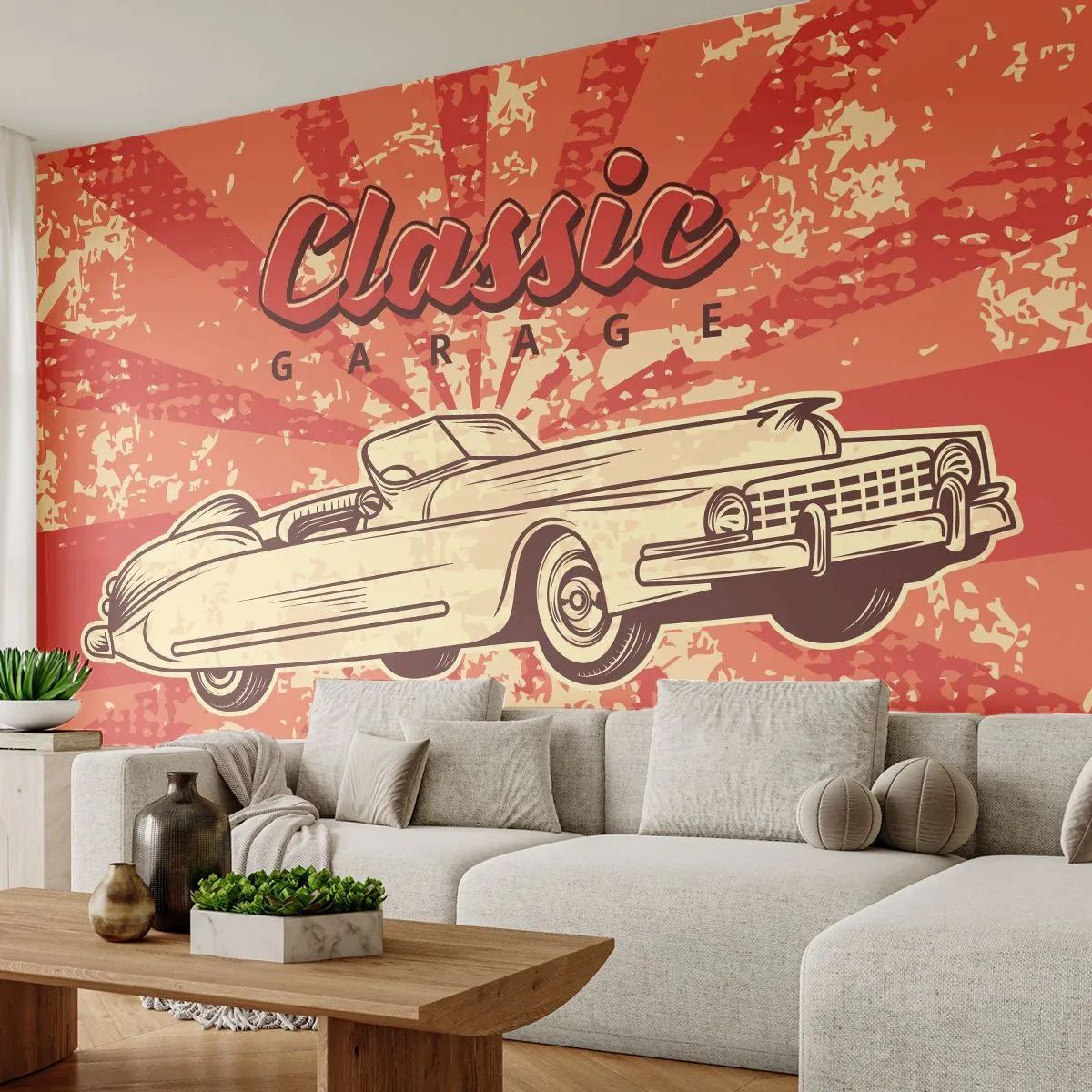 Fototapete Premium Sand - Und im Radio, Elvis - Auto, Cabriolet, Reisen - 100x70 cm