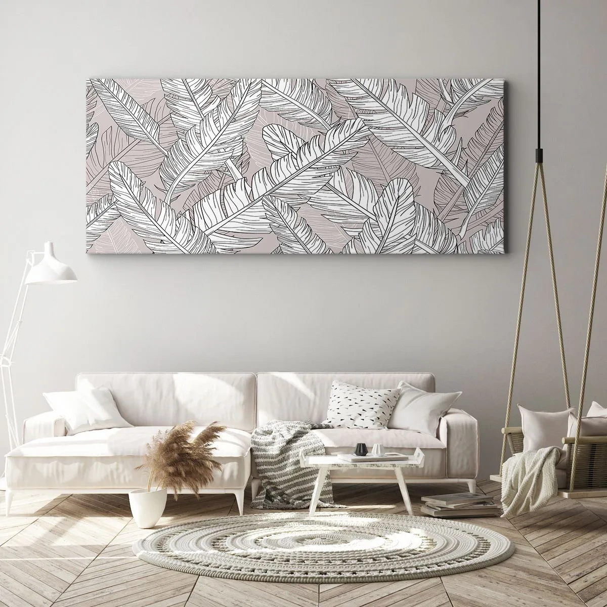 Bild auf Leinwand - Leinwandbild - Schwarz-weißes Muster mit Bananenblättern auf hellem Hintergrund - 140x50cm - Ein Federwirbel - Moderne Wanddekoration für Wohnzimmer und Schlafzimmer ARTTOR