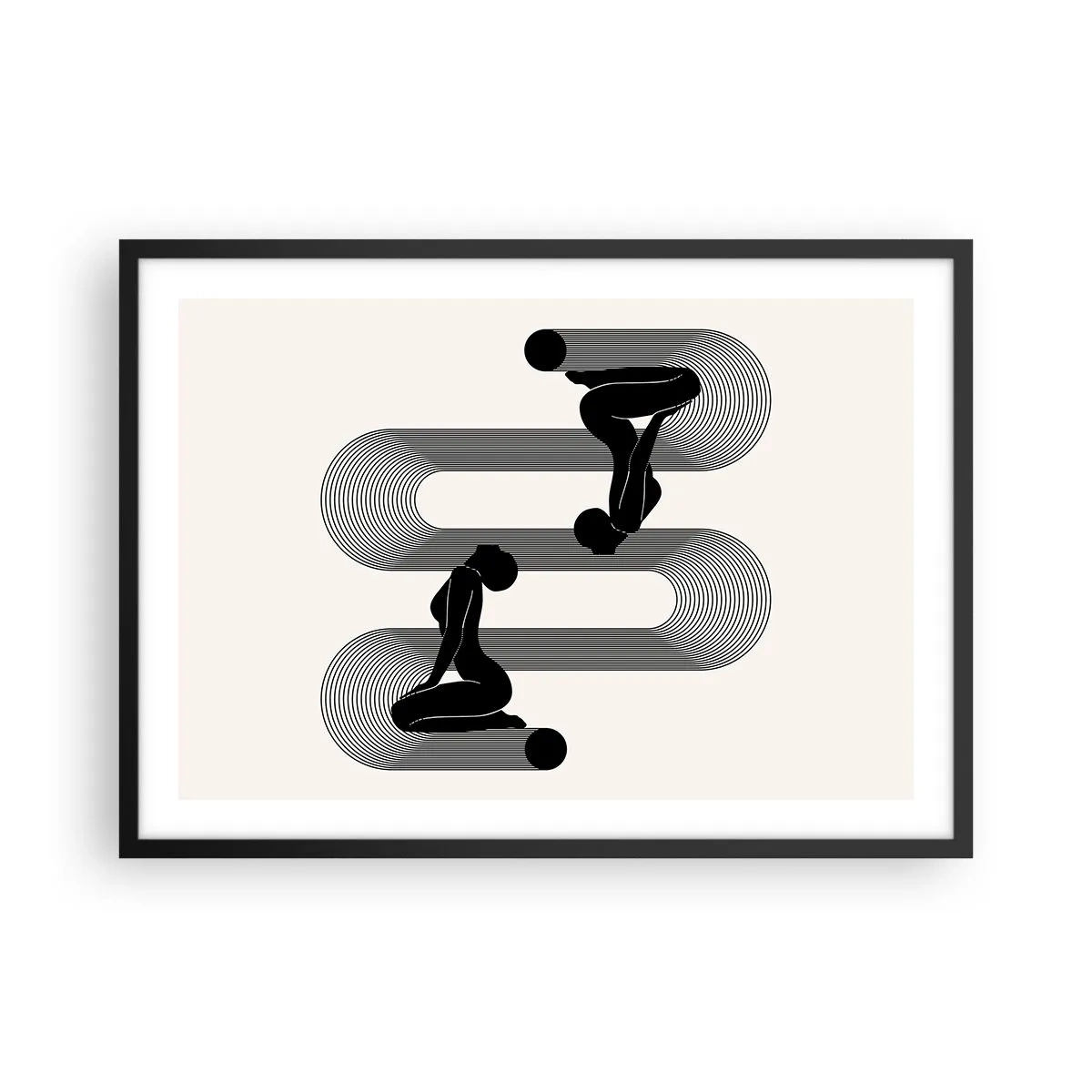 Poster in einem schwarzem Rahmen - Schwarze Silhouetten mit geometrischen Linien auf hellem Hintergrund - 70x50cm - Sinnliche Symmetrie - Moderne Wanddekoration für Wohnzimmer und Schlafzimmer ARTTOR