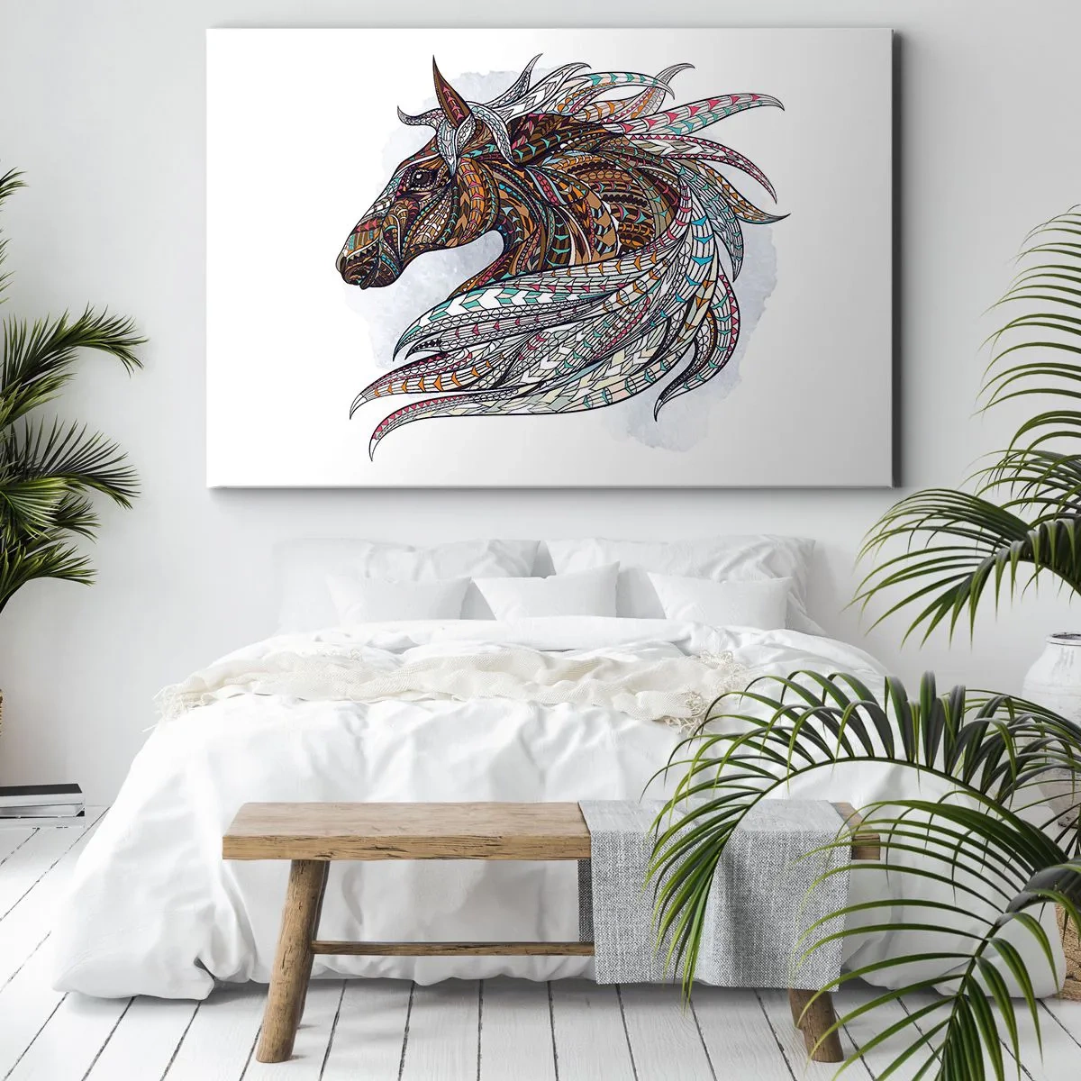 Bild auf Leinwand - Leinwandbild - Ein geometrisches Pferd mit einer farbenfrohen, detaillierten Mähne - 70x50cm - Keltisches Kriegsross - Moderne Wanddekoration für Wohnzimmer und Schlafzimmer ARTTOR
