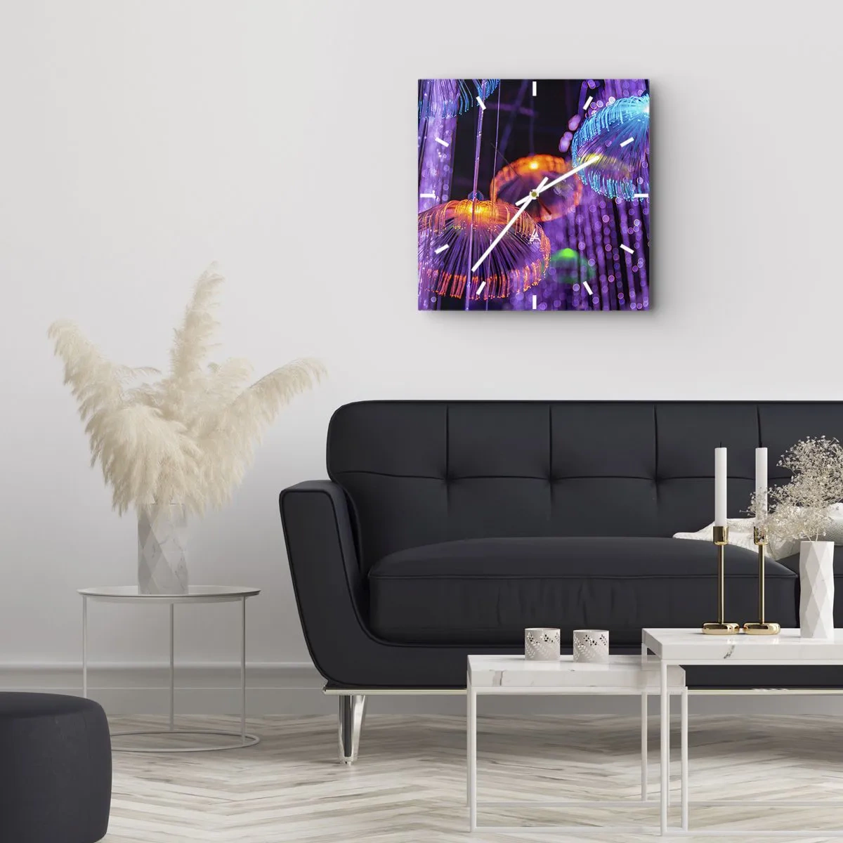 Wanduhr - Glasuhr - Bunte leuchtende Quallen in einer dunklen Umgebung - 30x30cm - Lichtbrunnen - Moderne Wanddekoration für Wohnzimmer und Schlafzimmer ARTTOR