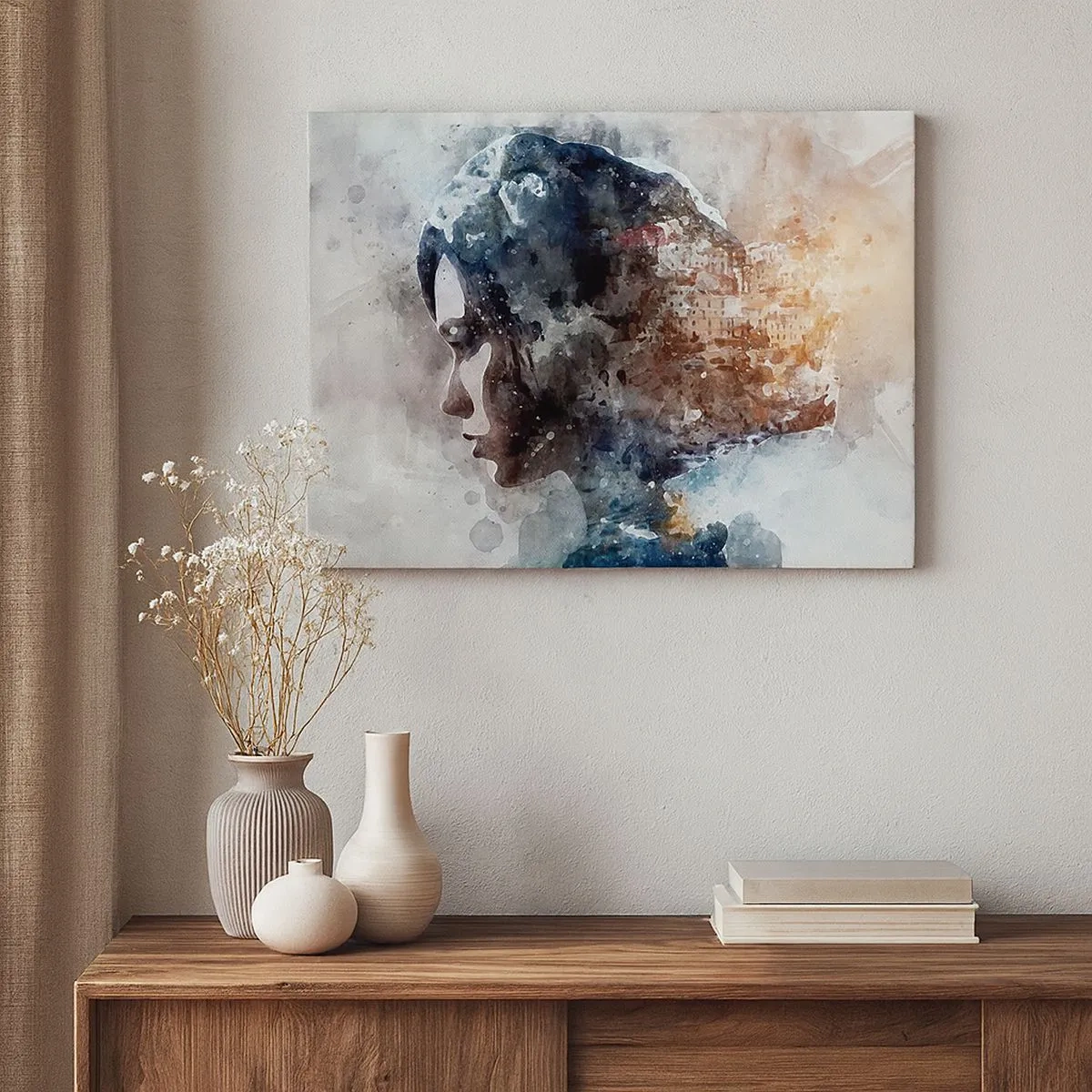 Bild auf Leinwand - Leinwandbild - Porträt einer Frau, die ihr Gesicht mit einer Stadtlandschaft im Hintergrund kombiniert - 70x50cm - Eine Geschichte über ein Mädchen mit einer Stadt im Hintergrund - Moderne Wanddekoration ARTTOR