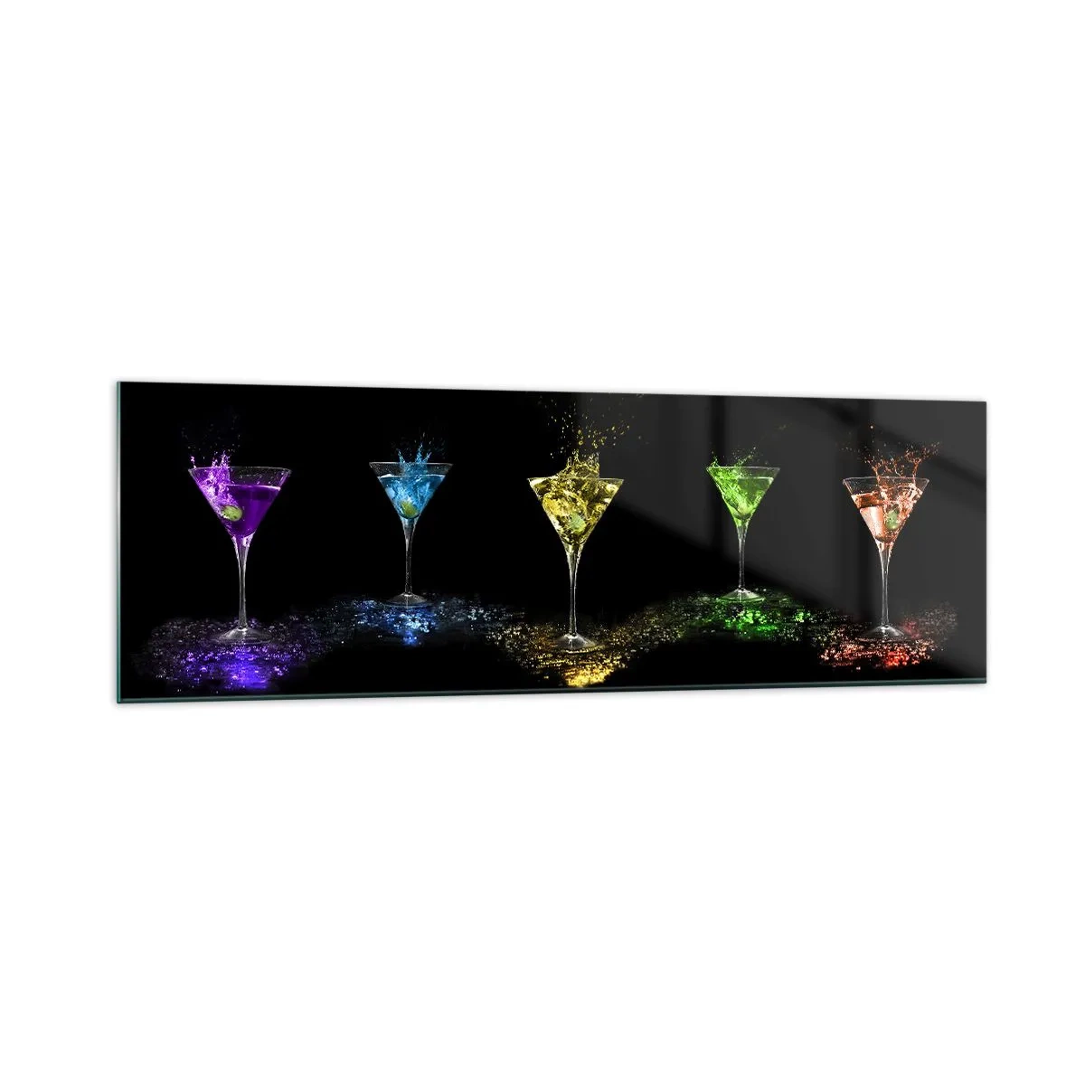 Glasbild - Bild auf glas - Bunte Cocktails in Gläsern auf schwarzem Hintergrund - 160x50cm - Farben der Freude in Kristallglas - Moderne Wanddekoration für Wohnzimmer und Schlafzimmer ARTTOR