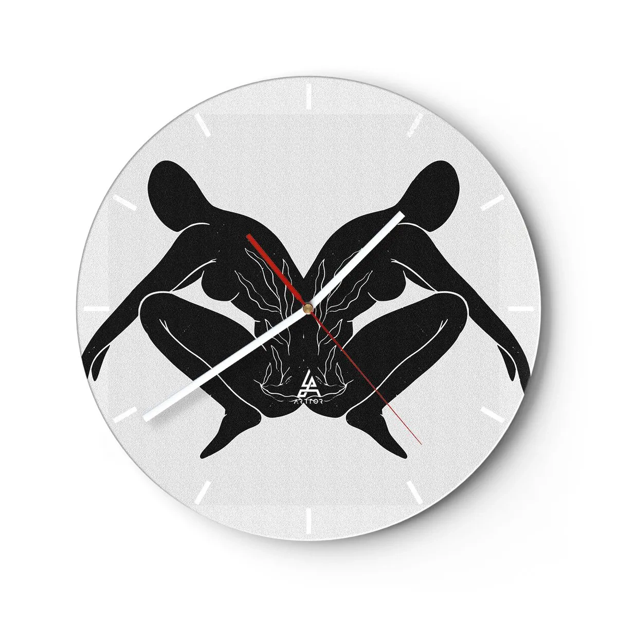 Wanduhr - Glasuhr - Symmetrische Figuren in Schwarz bilden auf hellem Hintergrund ein Herz mit Feuer in der Mitte. - 30x30cm - Gemeinsame Seele - Moderne Wanddekoration für Wohnzimmer, Küche und Schlafzimmer ARTTOR