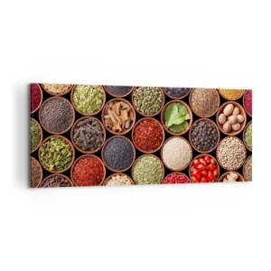 Bild auf Leinwand - Leinwandbild - Bunte Gewürze in runden Behältern - 120x50cm - Alle Aromen der Welt - Moderne Wanddekoration für Wohnzimmer und Schlafzimmer ARTTOR