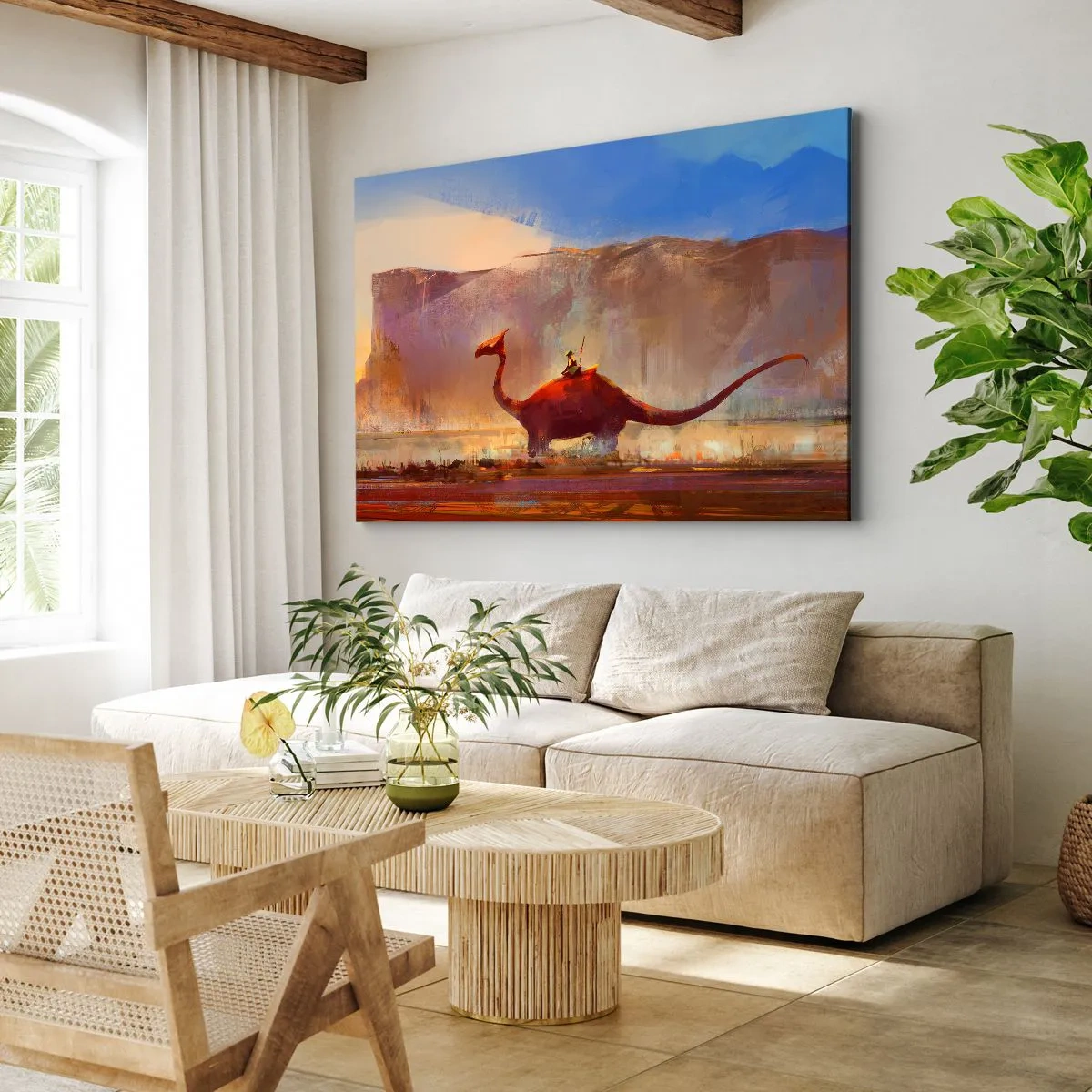Bild auf Leinwand - Leinwandbild - Eine Fantasy-Szene mit einem Reiter auf einem prähistorischen Wesen - 100x70cm - Wenn sie nicht ausgestorben wären - Moderne Wanddekoration für Wohnzimmer und Schlafzimmer ARTTOR