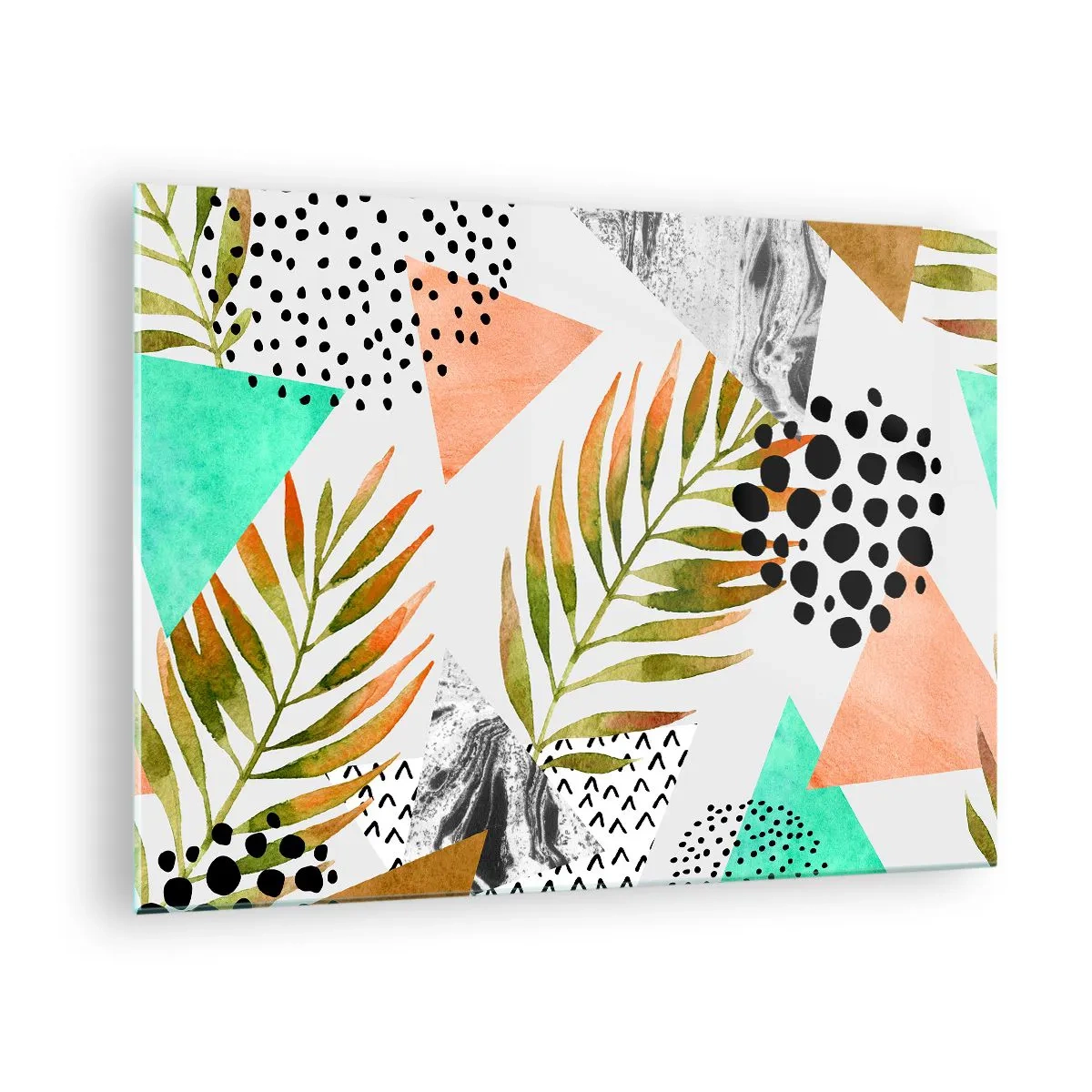 Glasbild - Bild auf glas - Geometrische Formen und Blätter in Pastellfarben - 70x50cm - Dekoration mit Palmblatt - Moderne Wanddekoration für Wohnzimmer und Schlafzimmer ARTTOR