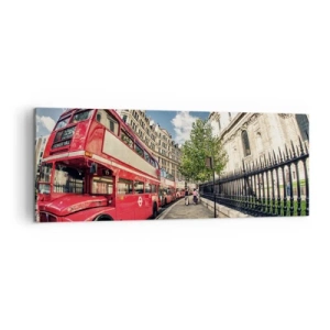 Bild auf Leinwand - Leinwandbild - Roter Doppeldeckerbus in London in der Nähe der Straße und der Kathedrale - 140x50cm - Londoner Straße in Grau und Rot - Moderne Wanddekoration für Wohnzimmer und Schlafzimmer ARTTOR