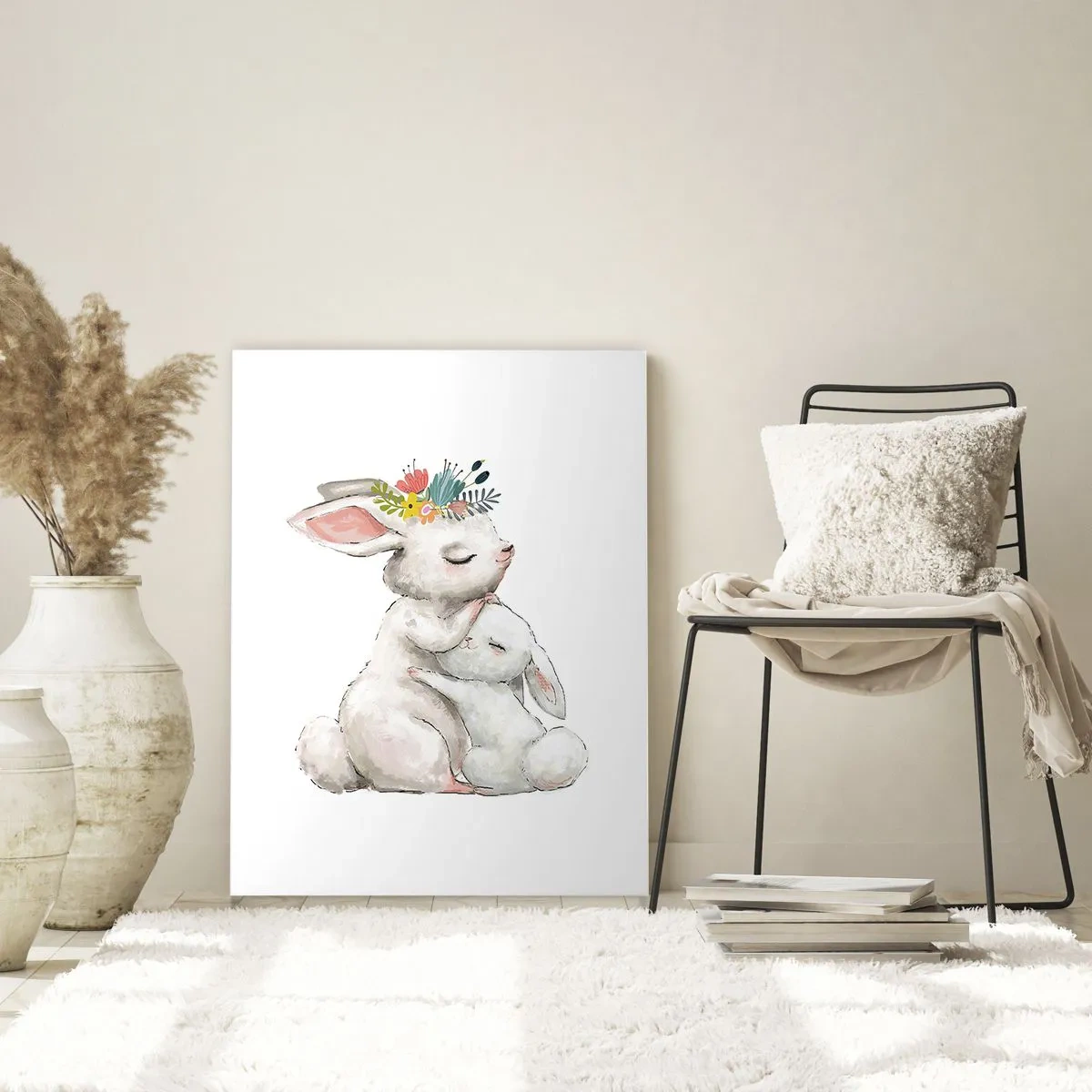 Glasbild - Bild auf glas - Niedliche Kaninchen in Pastellfarben - 80x120cm - Bei Mama ist's am schönsten - Moderne Wanddekoration für Wohnzimmer und Schlafzimmer ARTTOR