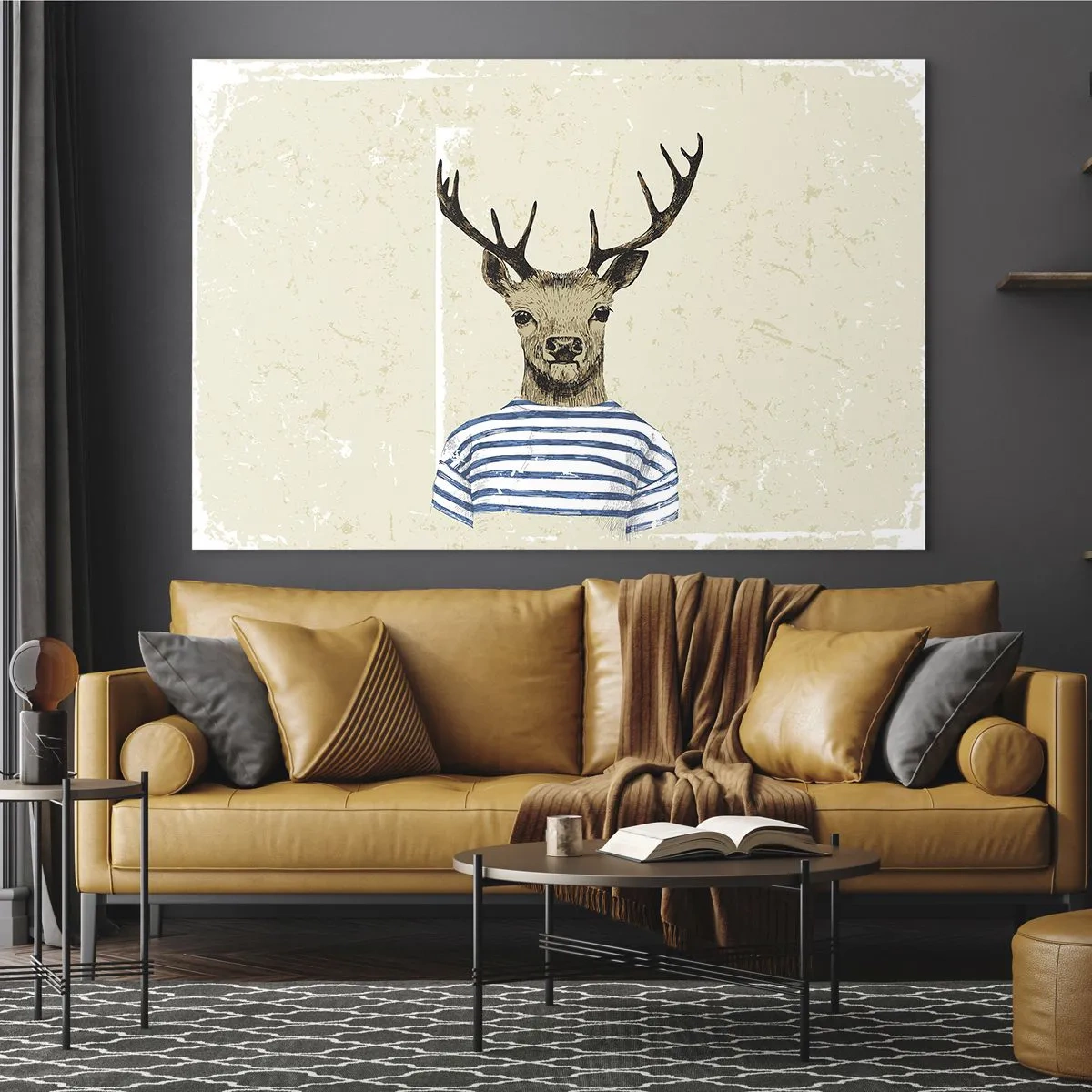 Glasbild - Bild auf glas - Grafik eines Hirsches im Matrosenhemd auf hellem Hintergrund - 70x50cm - Weil ich gestreifte T-Shirts mag! - Moderne Wanddekoration für Wohnzimmer und Schlafzimmer ARTTOR