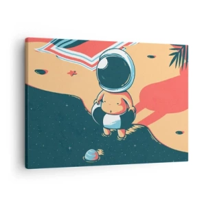 Bild auf Leinwand - Leinwandbild - Lustiger Astronaut am Strand mit Weltraumelementen im Hintergrund - 70x50cm - Aus einer anderen Perspektive - Moderne Wanddekoration für Wohnzimmer und Schlafzimmer ARTTOR