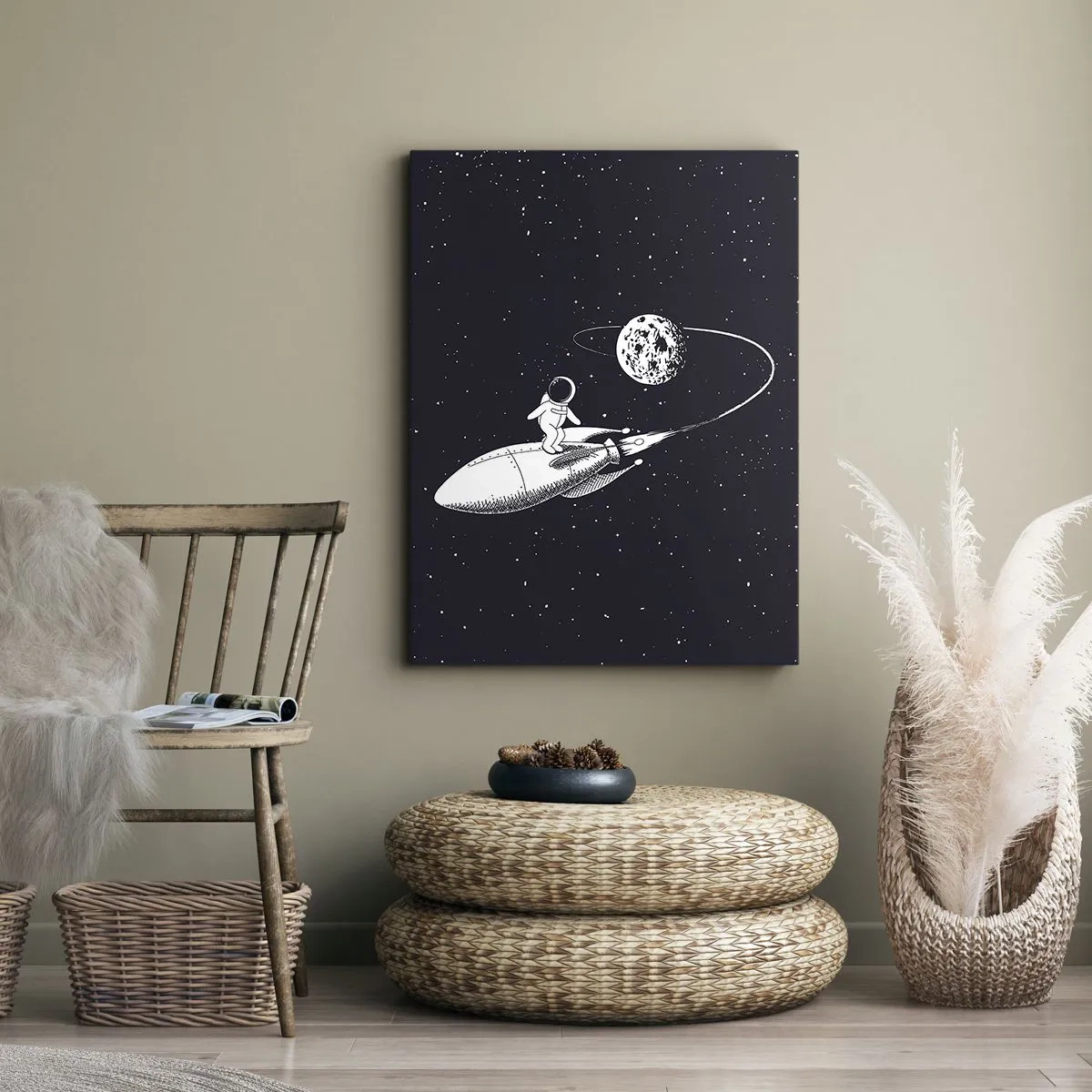 Bild auf Leinwand - Leinwandbild - Astronaut auf einer Rakete im Weltraum - 80x120cm - Weltraumsurfer - Moderne Wanddekoration für Wohnzimmer und Schlafzimmer ARTTOR