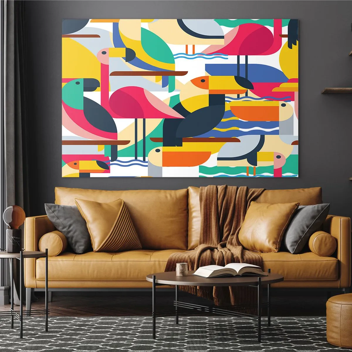 Glasbild - Bild auf glas - Abstrakte Darstellung bunter Vögel im geometrischen Stil - 120x80cm - Vogelparty - Moderne Wanddekoration für Wohnzimmer und Schlafzimmer ARTTOR