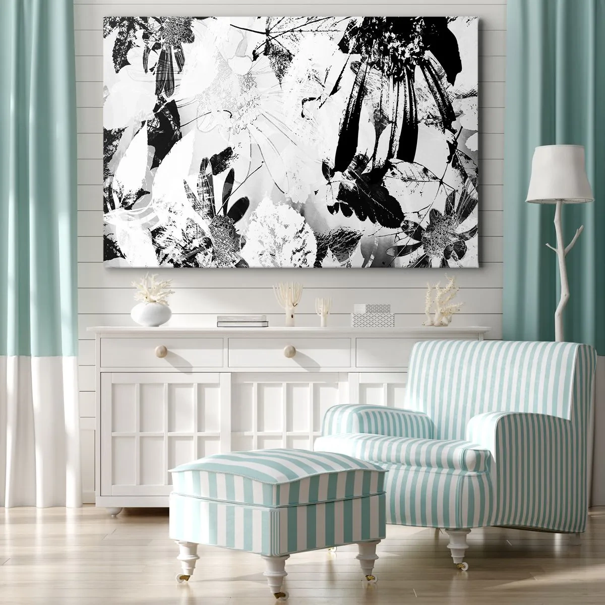 Bild auf Leinwand - Leinwandbild - Schwarz-weiße abstrakte Blumen im minimalistischen Stil - 70x50cm - Herbst negativ - Moderne Wanddekoration für Wohnzimmer und Schlafzimmer ARTTOR