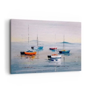 Bild auf Leinwand - Leinwandbild - Bunte Boote auf ruhigem Wasser - 120x80cm - Wohlverdiente Ruhe - Moderne Wanddekoration für Wohnzimmer und Schlafzimmer ARTTOR