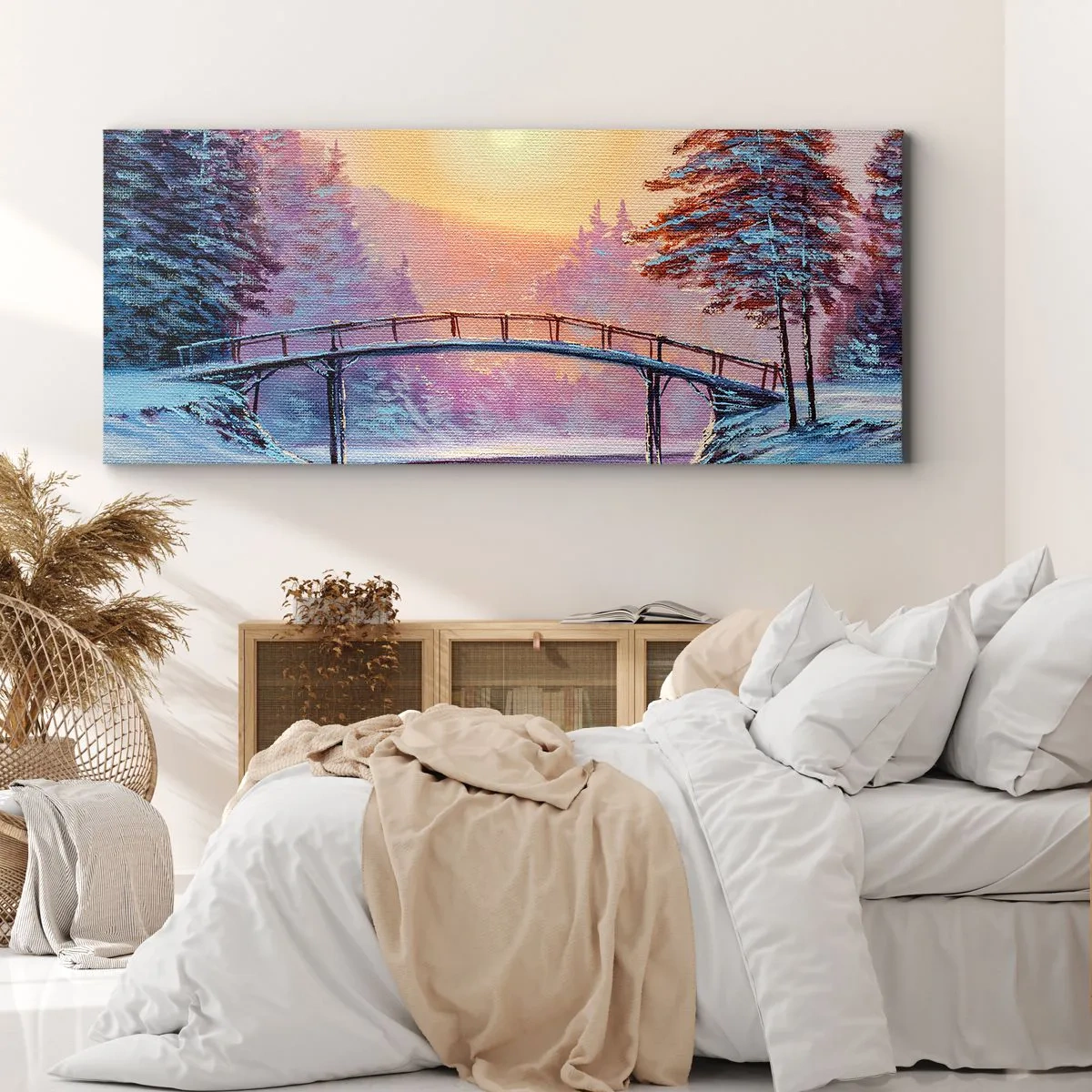 Bild auf Leinwand - Leinwandbild - Winterlandschaft mit einer vom Sonnenuntergang beleuchteten Brücke - 160x50cm - Vier Jahreszeiten - Winter - Moderne Wanddekoration für Wohnzimmer und Schlafzimmer ARTTOR