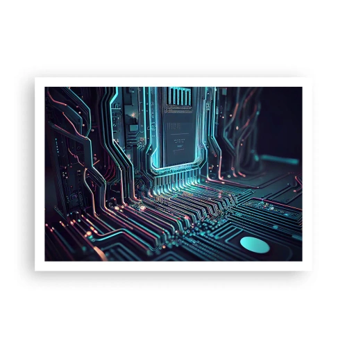 Poster - Technologische Leiterplatte mit beleuchteten Spuren - 100x70cm - Ich denke nur… - Moderne Wanddekoration für Wohnzimmer und Schlafzimmer ARTTOR