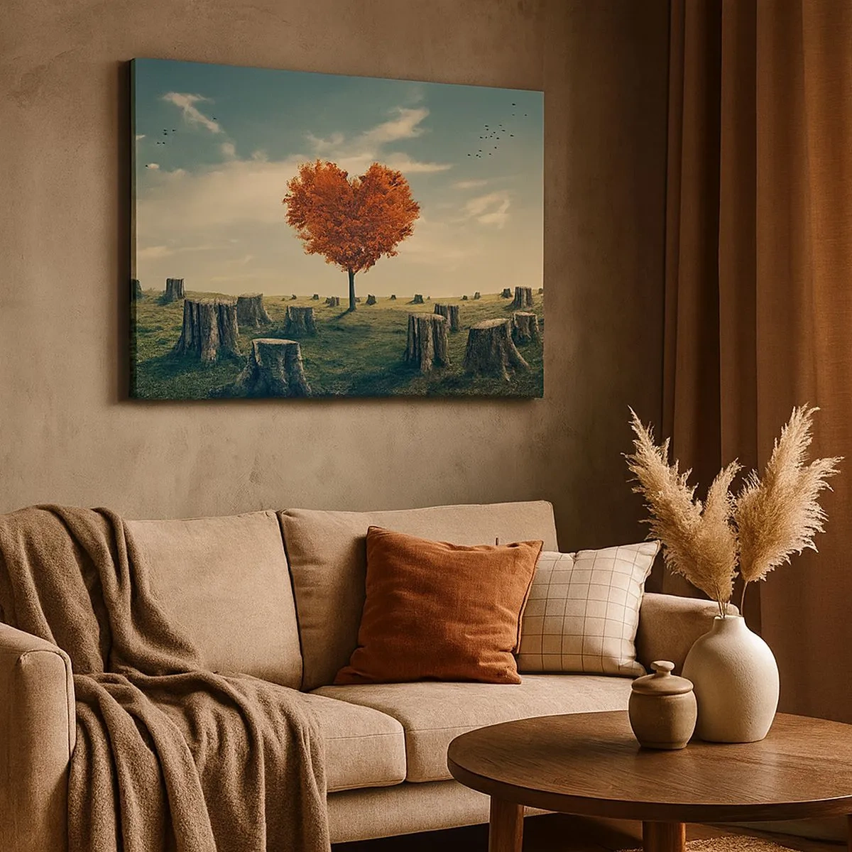 Bild auf Leinwand - Leinwandbild - Ein herzförmiger Baum in einem Feld aus Baumstümpfen, ein Symbol der Hoffnung - 70x50cm - Es gibt noch Hoffnung - Moderne Wanddekoration für Wohnzimmer und Schlafzimmer ARTTOR