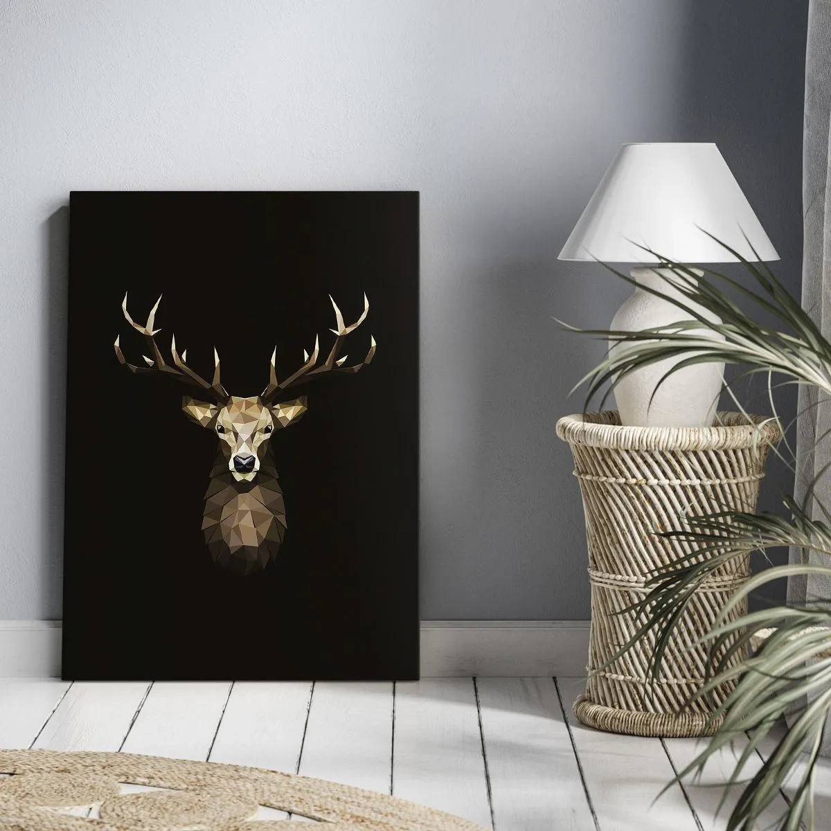 Bild auf Leinwand - Leinwandbild - Geometrisches Polygon Hirsch auf schwarzem Hintergrund - 50x70cm - Kubistischer Hirsch - Moderne Wanddekoration für Wohnzimmer und Schlafzimmer ARTTOR