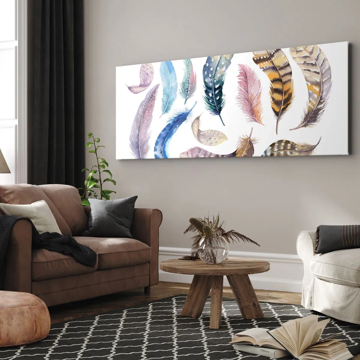 Bild auf Leinwand - Leinwandbild - Bunte Federn im zarten Aquarell-Stil - 160x50cm - Hell, bunt und bunt - Moderne Wanddekoration für Wohnzimmer und Schlafzimmer ARTTOR